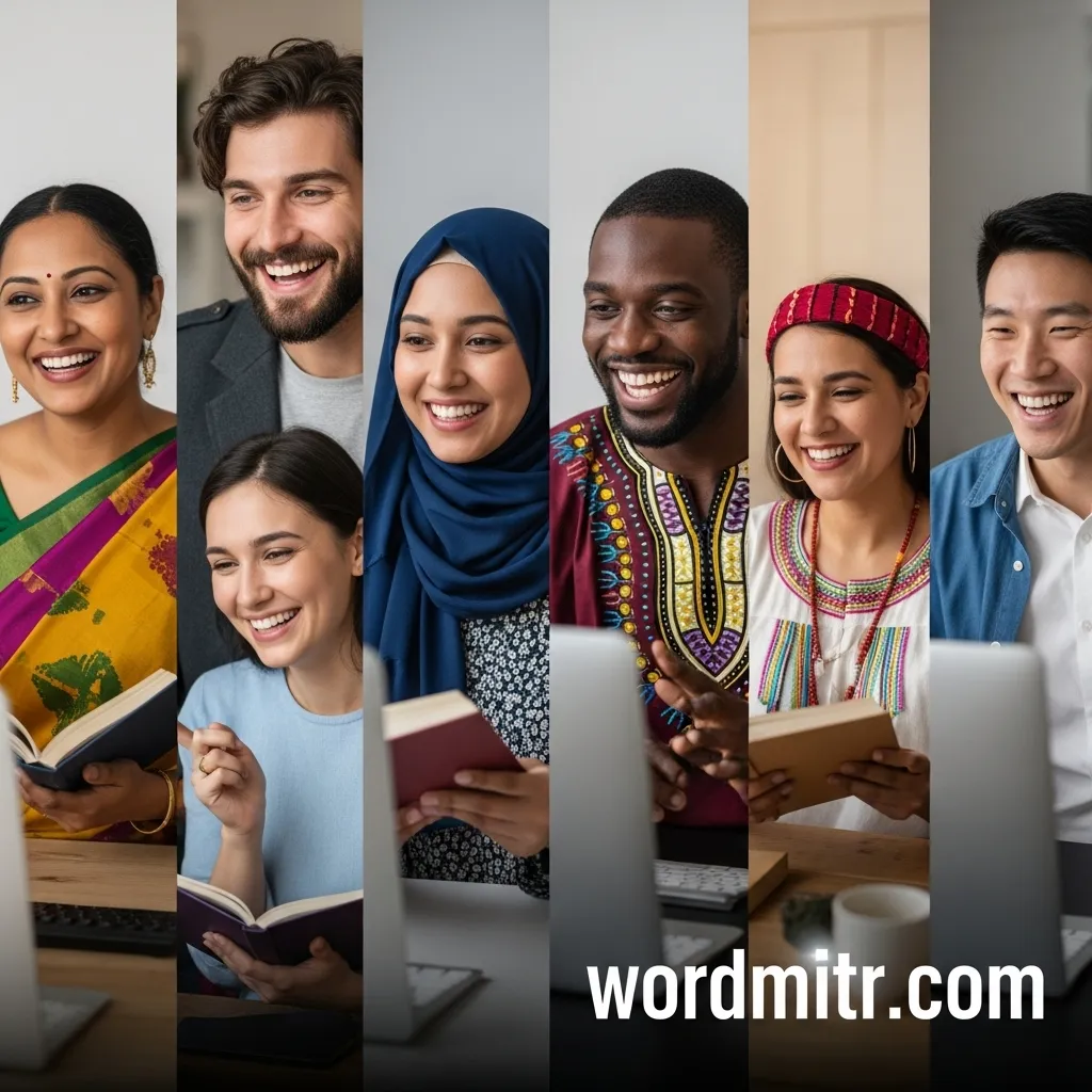Readers from different cultures smiling while sharing poetry online